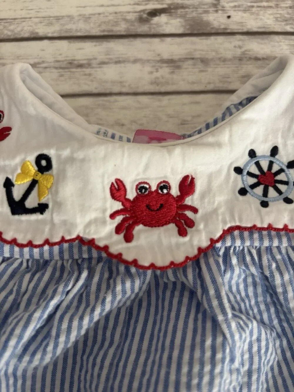 Good Lad 12 Month Blue White Striped Cotton Romper Crab Anchor Embroidered Beach